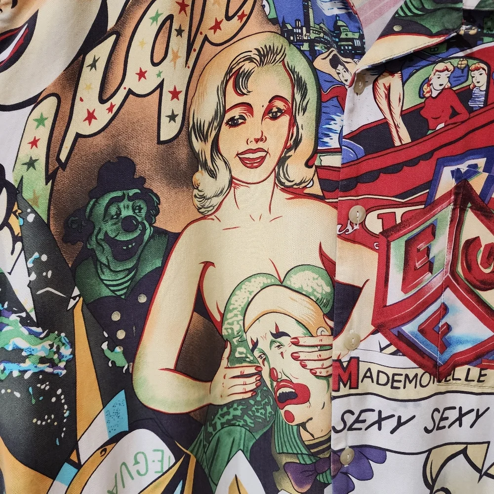 Burma Bibas Shirt Pinball Moon Glow Comic Strip Art 100% Silk size Large